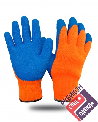 Перчатки утепленные оранжевые, акрил с синим рифленым латексным покрытием 7 кл.(х100) фото
