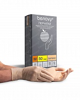 Перчатки одноразовые Benovy латексные неопудреные телесные текст. (50 пар) (139006) фото